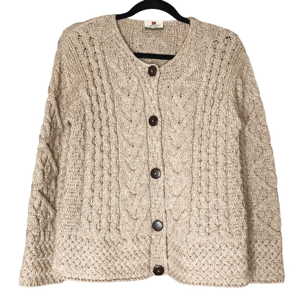 Small Carraig Donn Merino Wool Knit Cardigan Sweater Tan Boxy Button Up